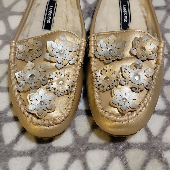Lands End Faux Fur Lined Loafer Slip On Metallic Snowflake Slipper Shoes Size 7 - Picture 12 of 12